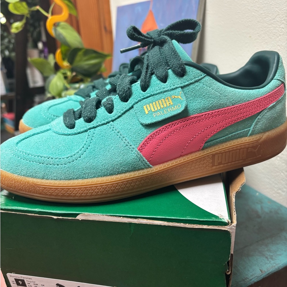 Puma Palermo Aqua and Coral Sneakers
